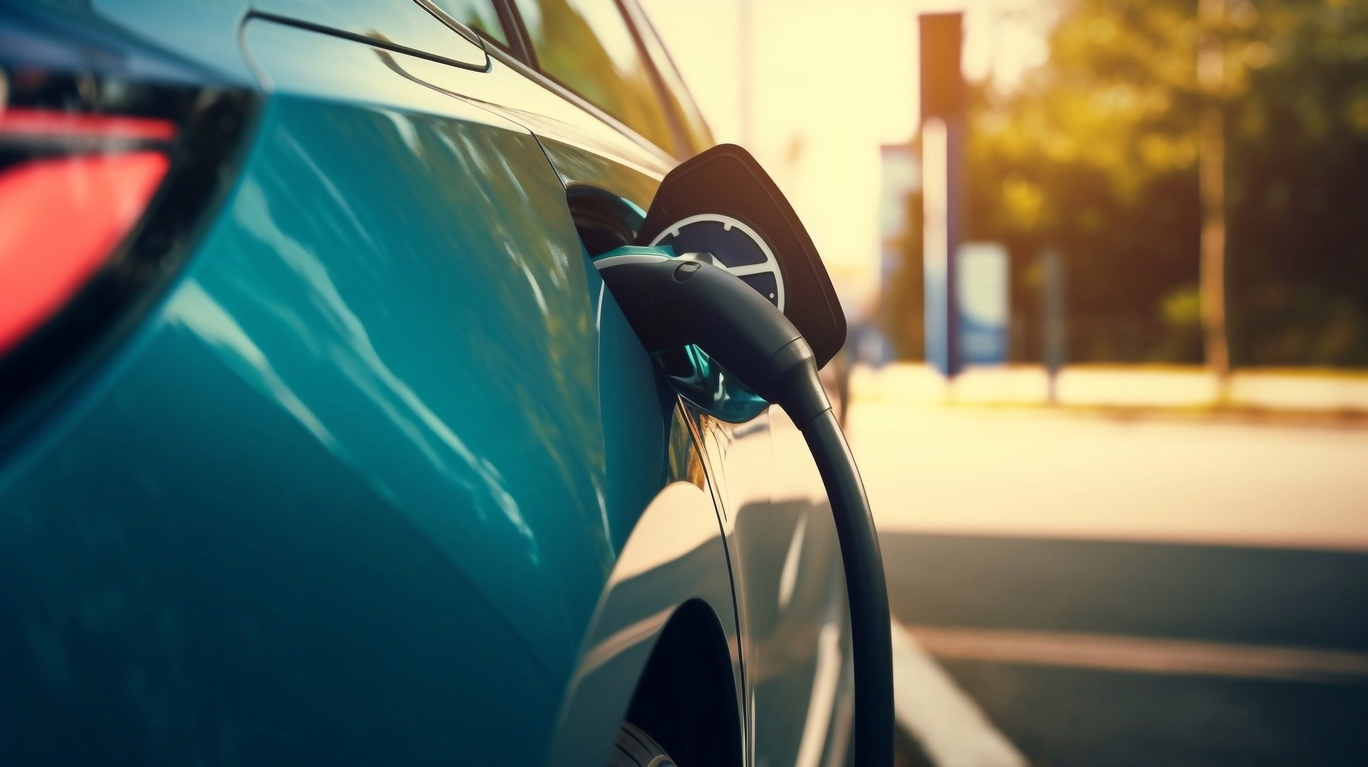 Close-up of a green electric car charging at an electric car charging station